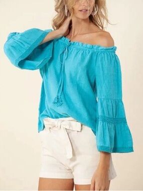 Hale Bob Turquoise Off-Shoulder Linen Peasant Tunic